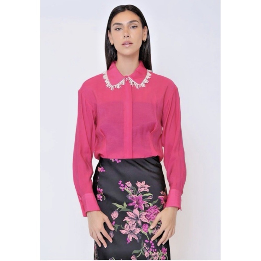 Gracia Size Small Faux Pearl Beaded Trim Collar Button Front‎ L/S Shirt Fushia
